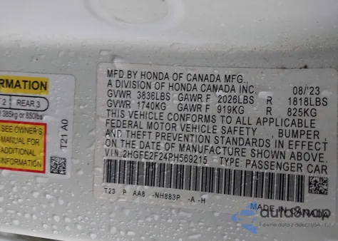 2023 Honda Civic Lx z USA, uszkodzony, nr VIN 2HGFE2F24PH569215